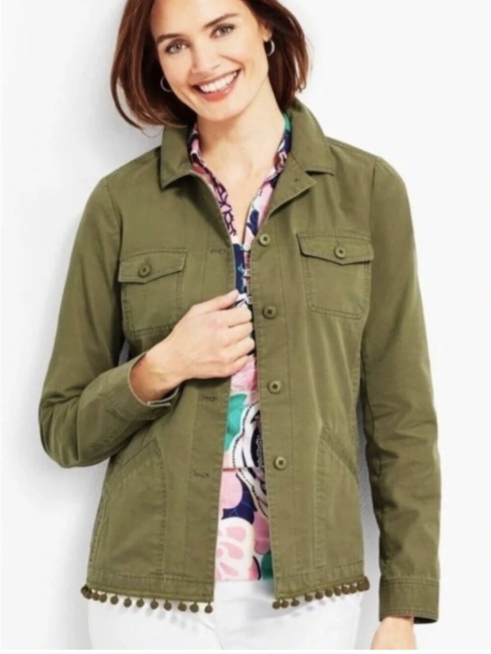 Talbots Olive Green Cotton Button Down Fringe Trim Utility Jacket Sz 1x P